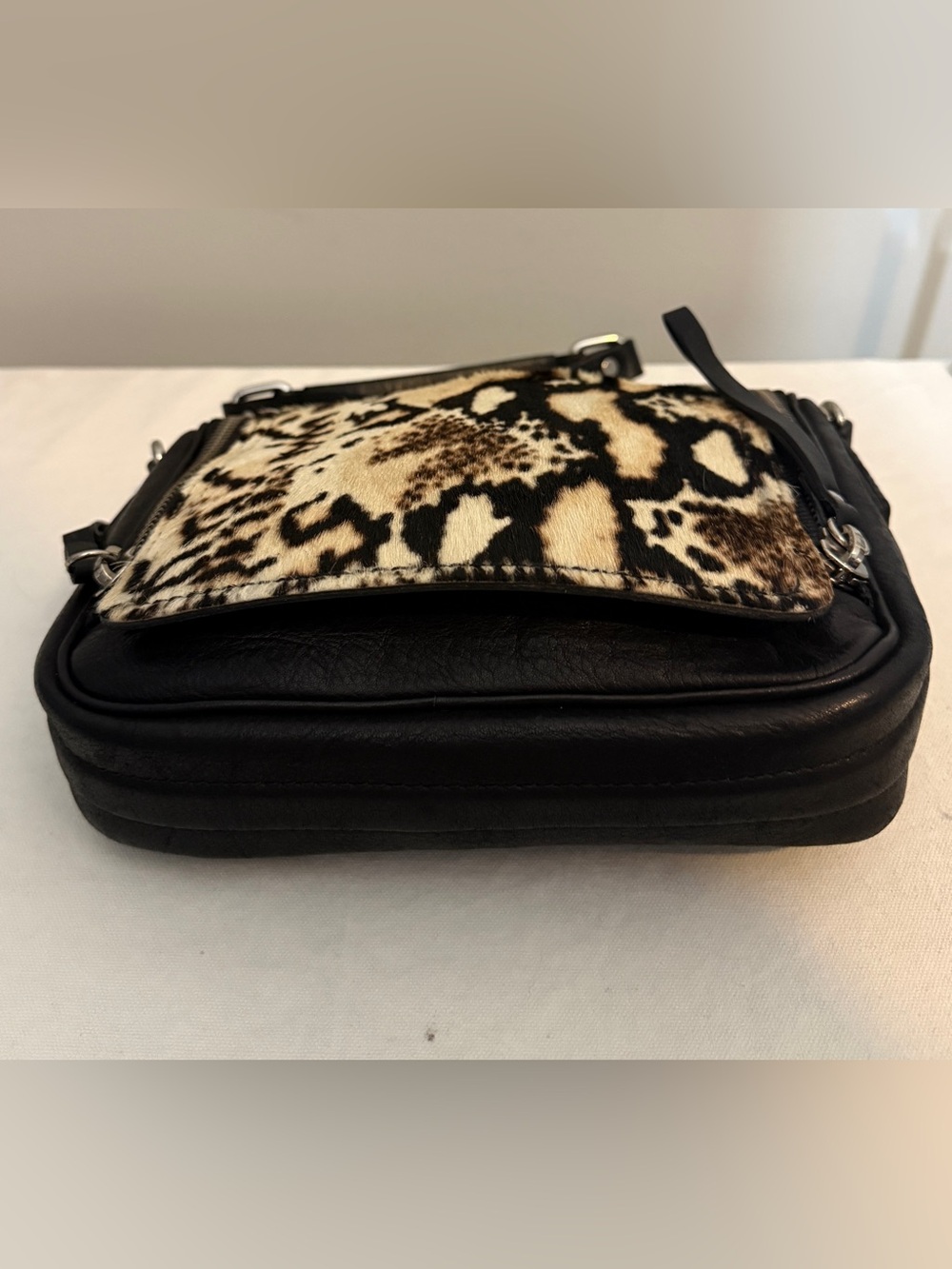 Zara Basic Hair on Hide Leather Black Cream Leopard Print Cowhide Crossbody Bag - Picture 6 of 16